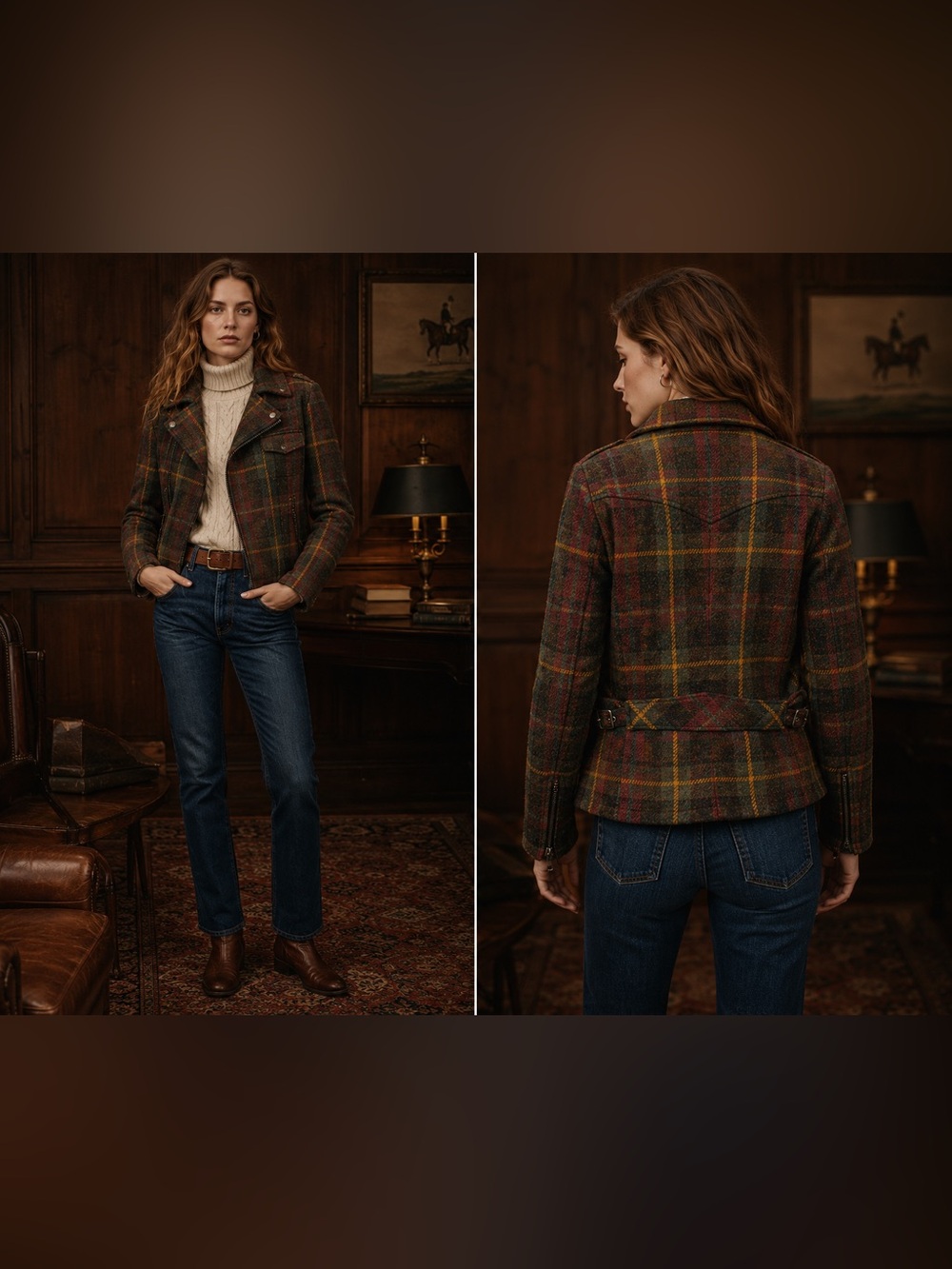 Ralph Lauren Olive, Brown & Yellow Plaid Motorcycle Peacoat
